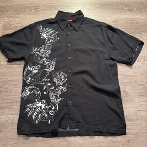 Sobrino Shirt Mens Small Black Rayon Floral Graphic Button Down Summer Vacation